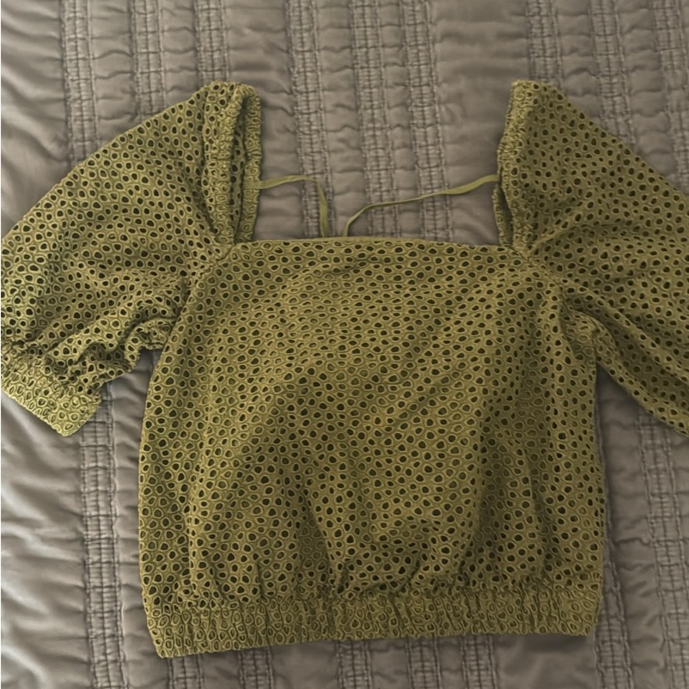 Everlane Green Smocked Puff Sleeve Crop Top